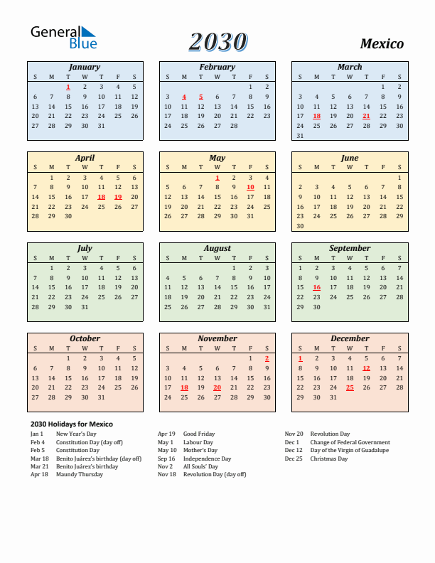 Mexico Calendar 2030 with Sunday Start