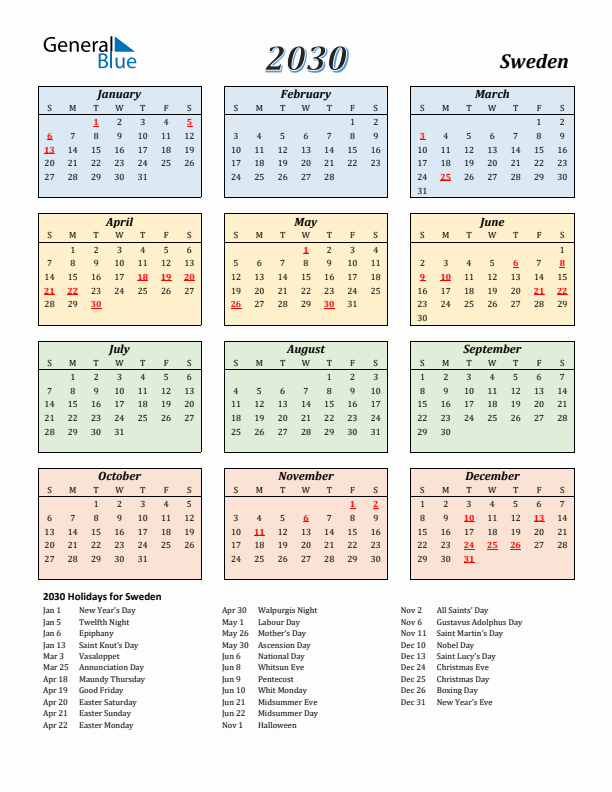 Sweden Calendar 2030 with Sunday Start