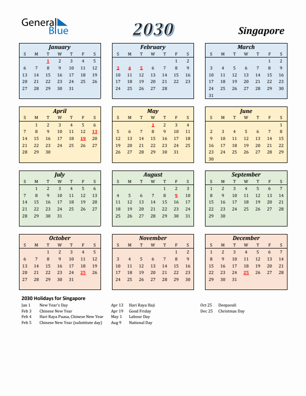 Singapore Calendar 2030 with Sunday Start