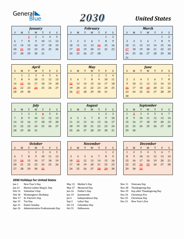 United States Calendar 2030 with Sunday Start