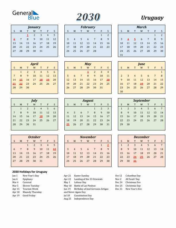 Uruguay Calendar 2030 with Sunday Start