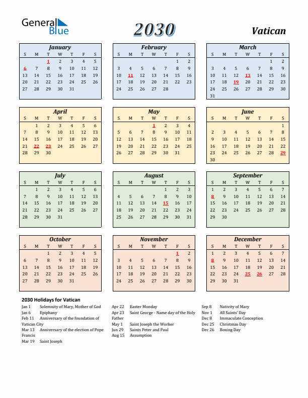 Vatican Calendar 2030 with Sunday Start