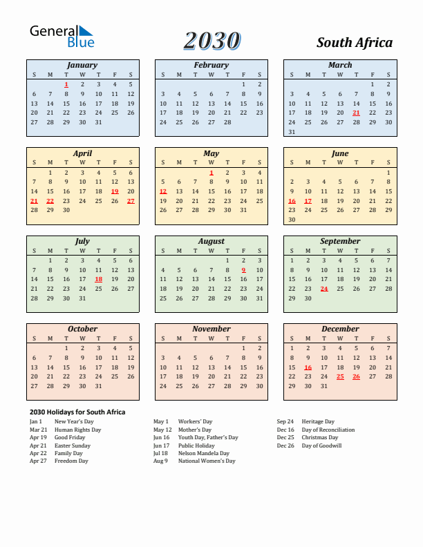 South Africa Calendar 2030 with Sunday Start