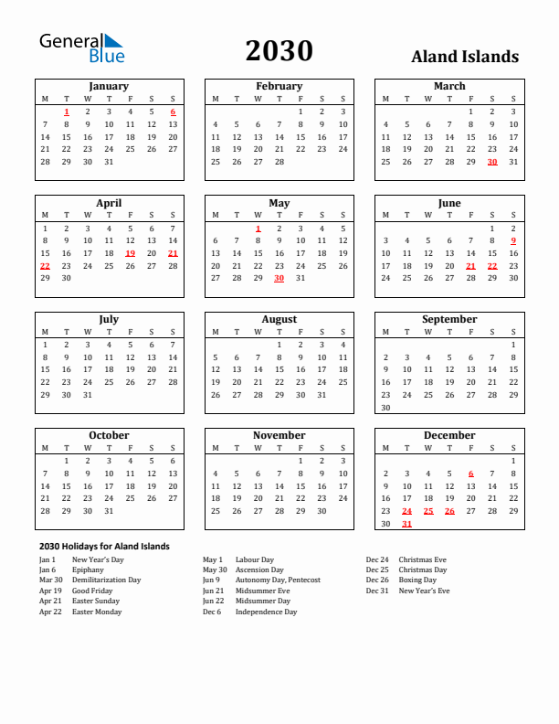 2030 Aland Islands Holiday Calendar - Monday Start