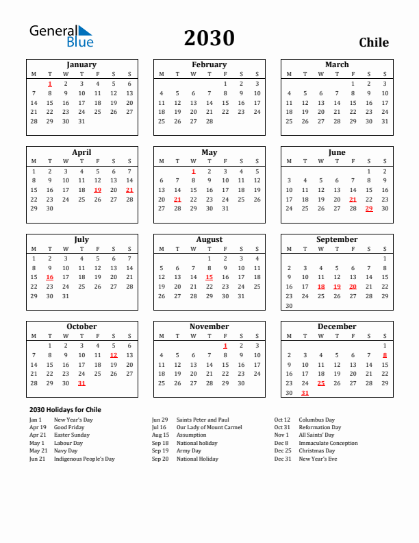 2030 Chile Holiday Calendar - Monday Start