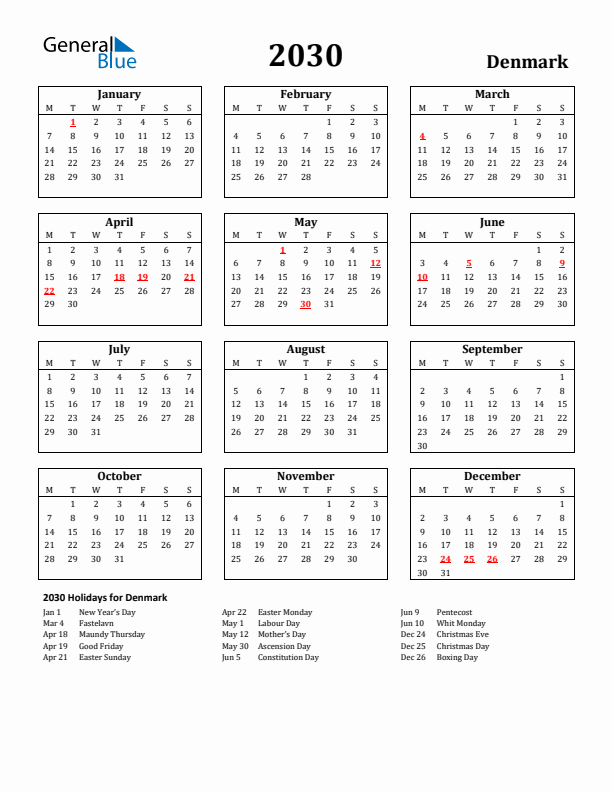 2030 Denmark Holiday Calendar - Monday Start