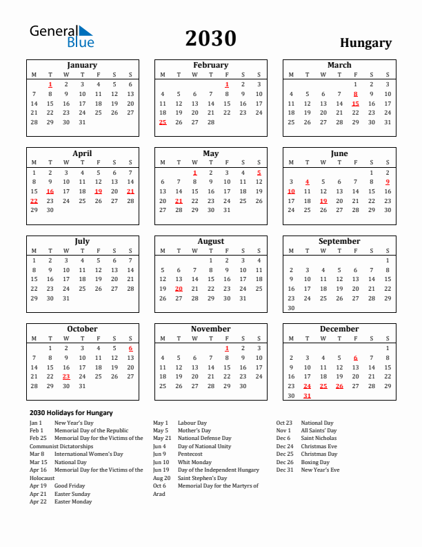 2030 Hungary Holiday Calendar - Monday Start