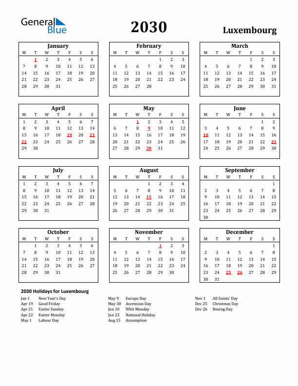 2030 Luxembourg Holiday Calendar - Monday Start