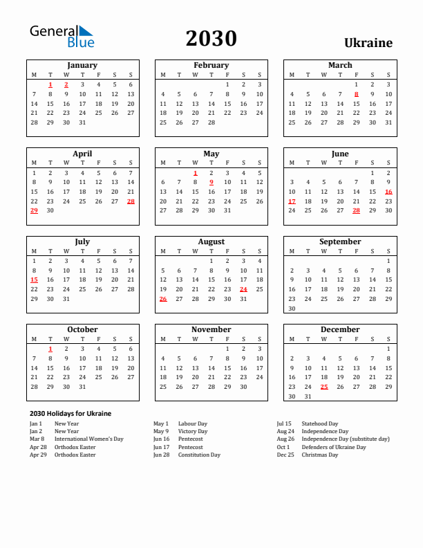 2030 Ukraine Holiday Calendar - Monday Start