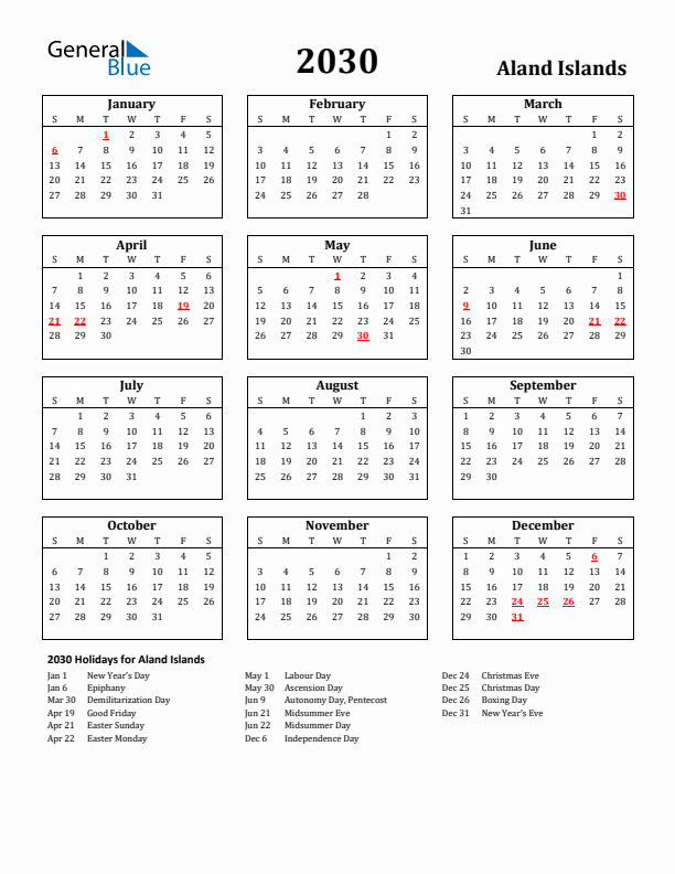 2030 Aland Islands Holiday Calendar - Sunday Start