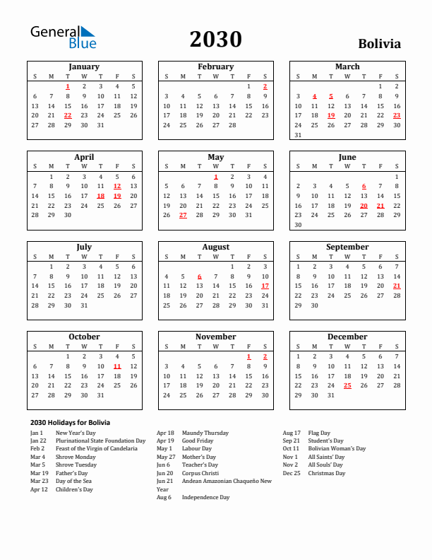 2030 Bolivia Holiday Calendar - Sunday Start