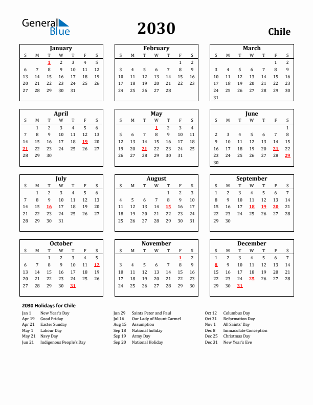 2030 Chile Holiday Calendar - Sunday Start