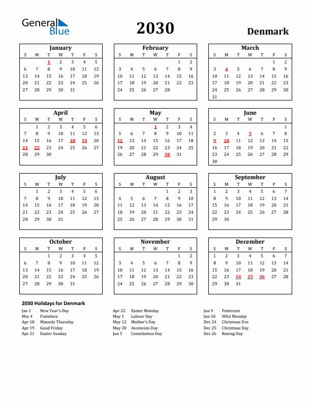 2030 Denmark Holiday Calendar - Sunday Start