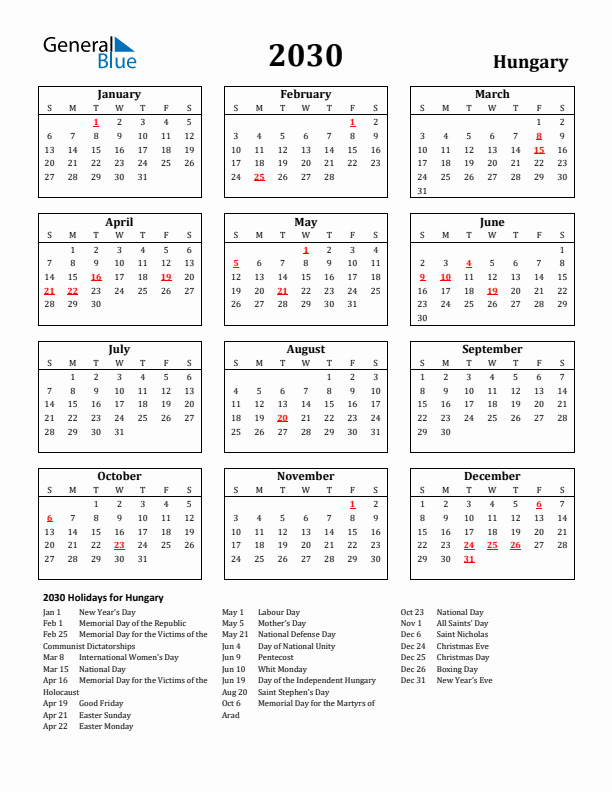 2030 Hungary Holiday Calendar - Sunday Start