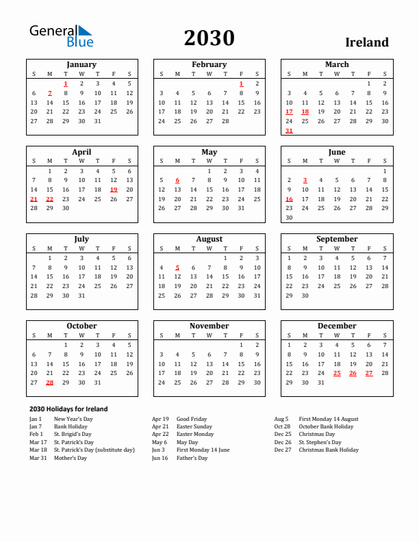 2030 Ireland Holiday Calendar - Sunday Start