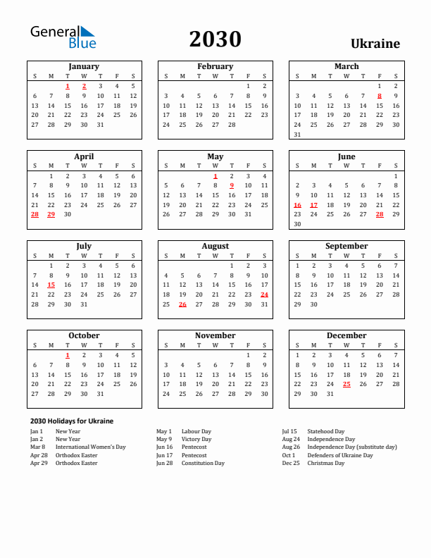 2030 Ukraine Holiday Calendar - Sunday Start