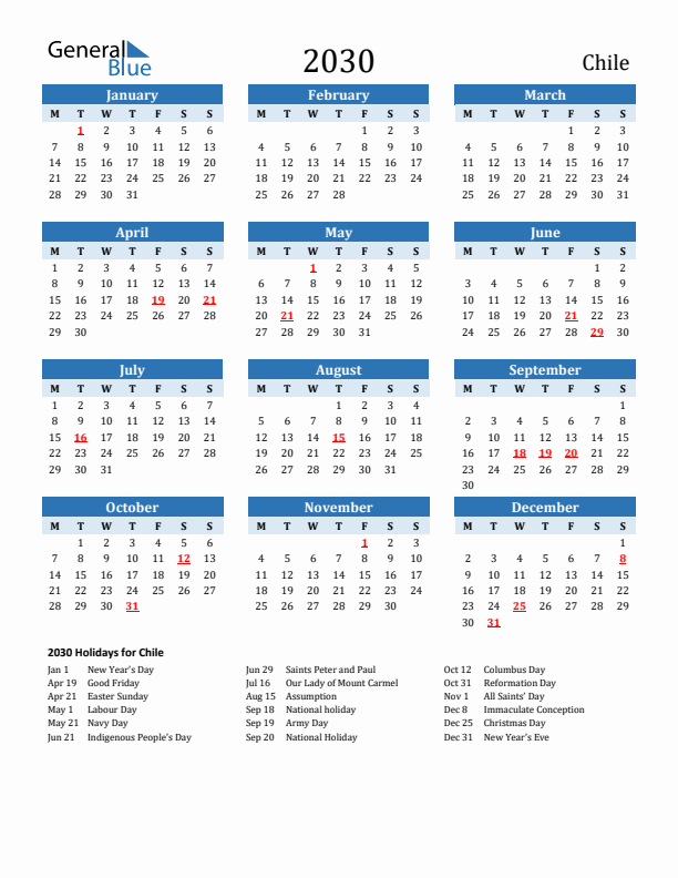 Printable Calendar 2030 with Chile Holidays (Monday Start)