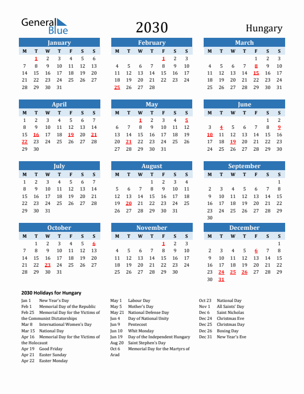 Printable Calendar 2030 with Hungary Holidays (Monday Start)