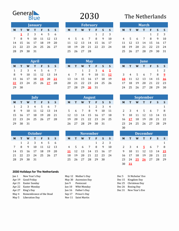 Printable Calendar 2030 with The Netherlands Holidays (Monday Start)