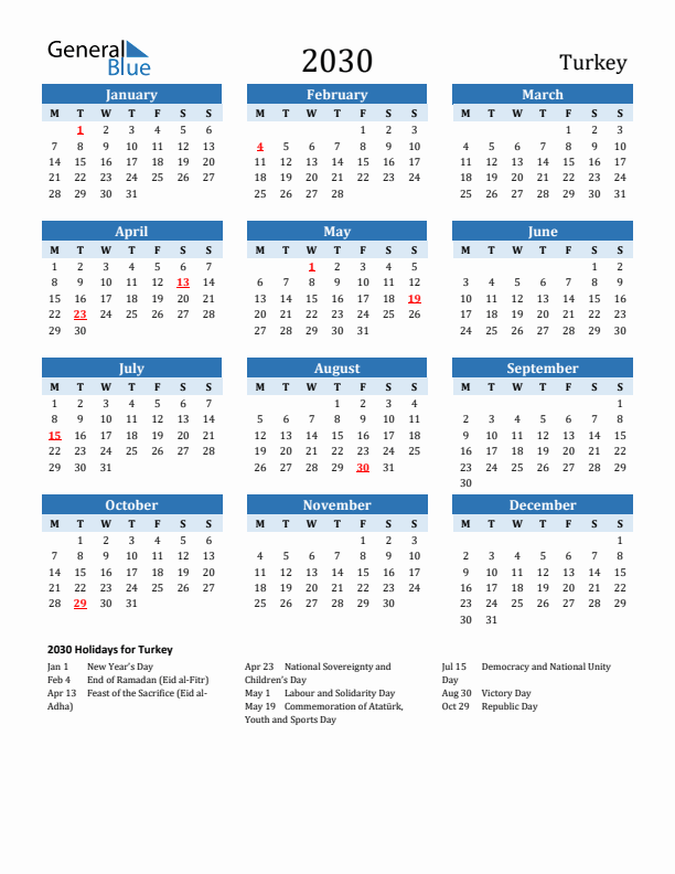 Printable Calendar 2030 with Turkey Holidays (Monday Start)