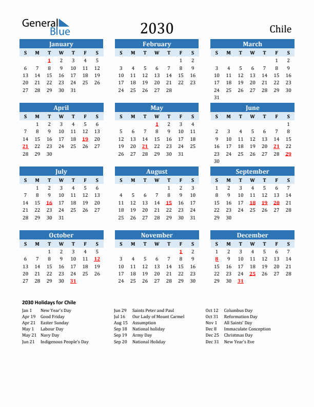 Printable Calendar 2030 with Chile Holidays (Sunday Start)