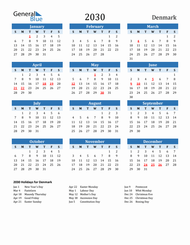 Printable Calendar 2030 with Denmark Holidays (Sunday Start)