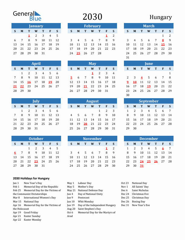 Printable Calendar 2030 with Hungary Holidays (Sunday Start)