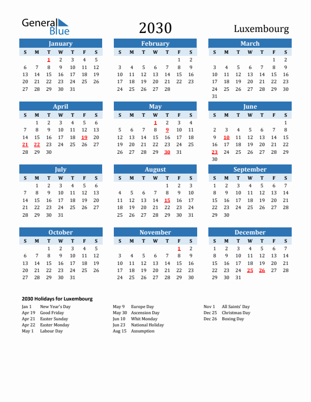 Printable Calendar 2030 with Luxembourg Holidays (Sunday Start)