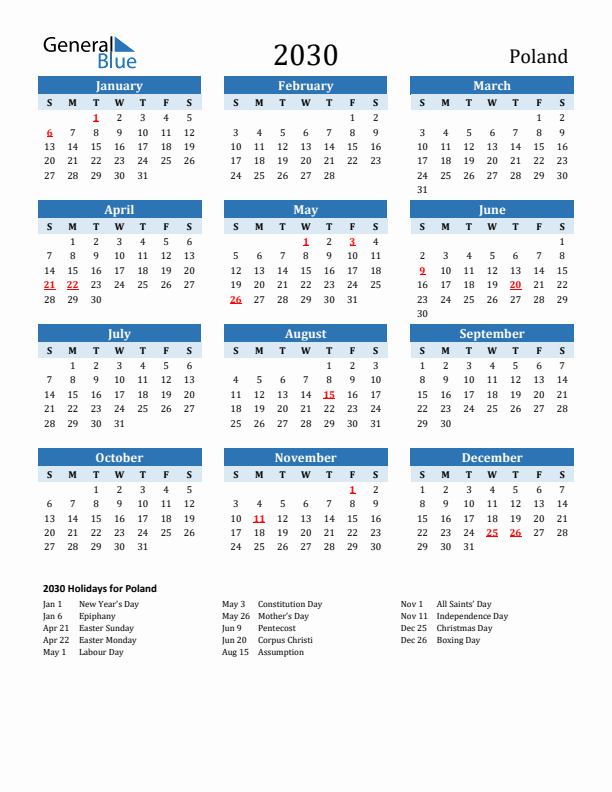 Printable Calendar 2030 with Poland Holidays (Sunday Start)