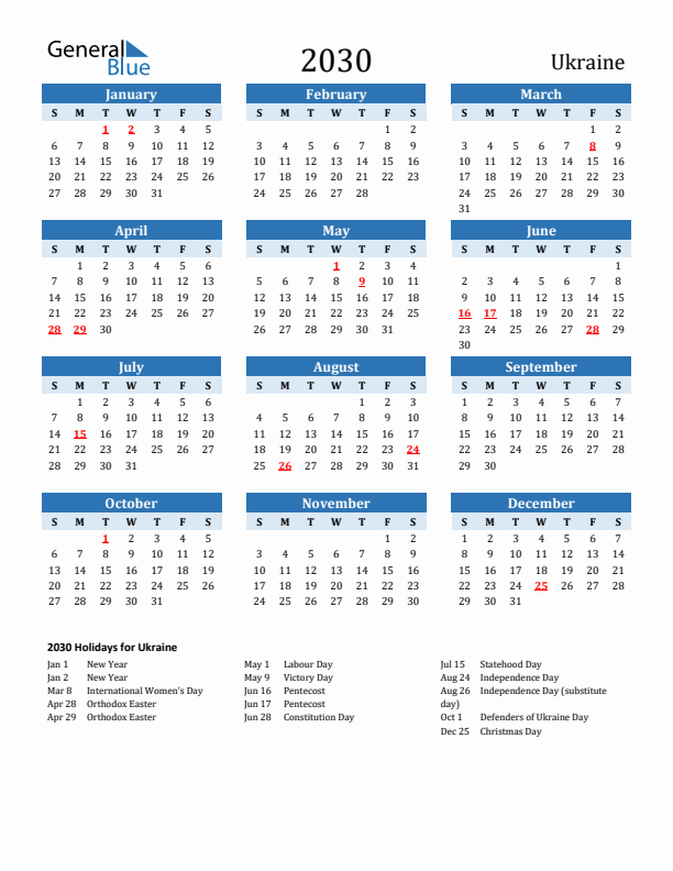 Printable Calendar 2030 with Ukraine Holidays (Sunday Start)