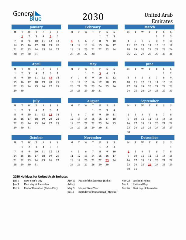 United Arab Emirates 2030 Calendar with Holidays