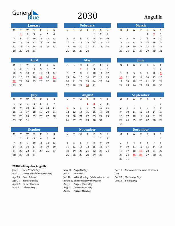 Anguilla 2030 Calendar with Holidays