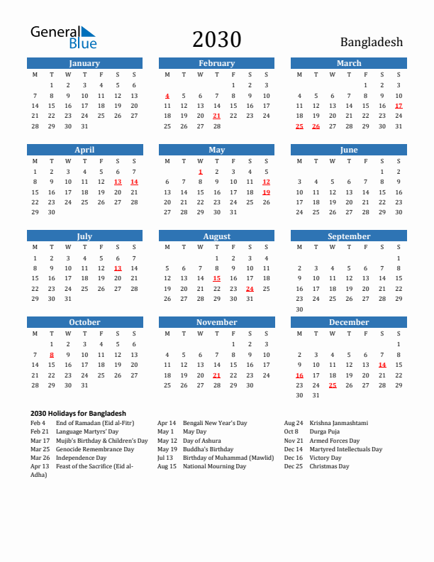 Bangladesh 2030 Calendar with Holidays