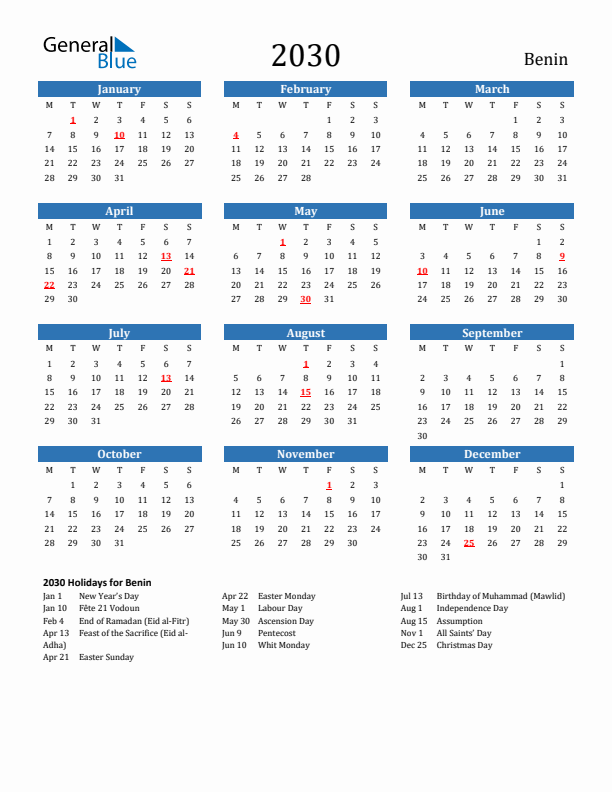 Benin 2030 Calendar with Holidays