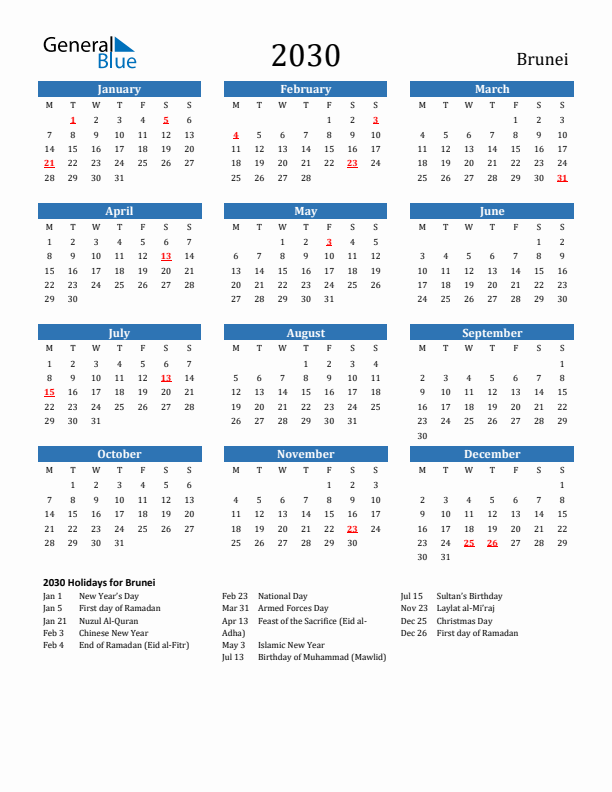 Brunei 2030 Calendar with Holidays