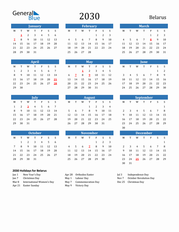 Belarus 2030 Calendar with Holidays