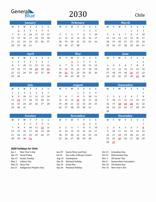 Chile 2030 Calendar with Holidays