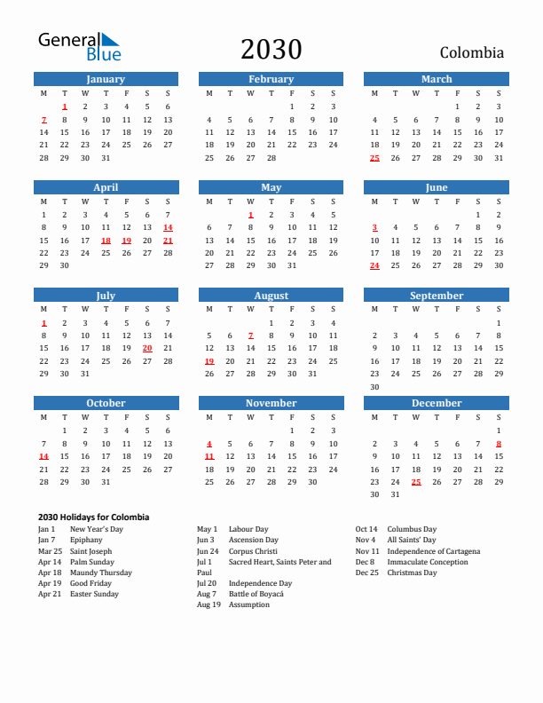 Colombia 2030 Calendar with Holidays