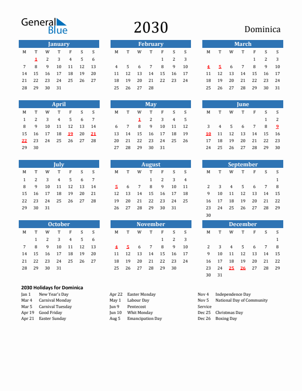 Dominica 2030 Calendar with Holidays