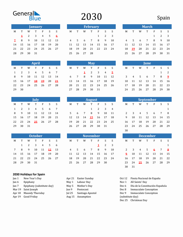 Spain 2030 Calendar with Holidays