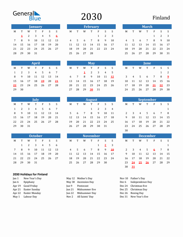 Finland 2030 Calendar with Holidays