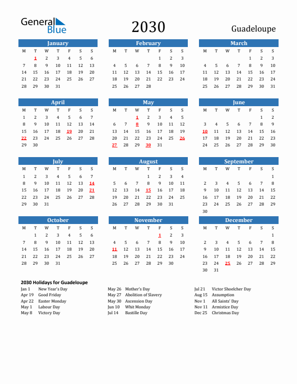 Guadeloupe 2030 Calendar with Holidays