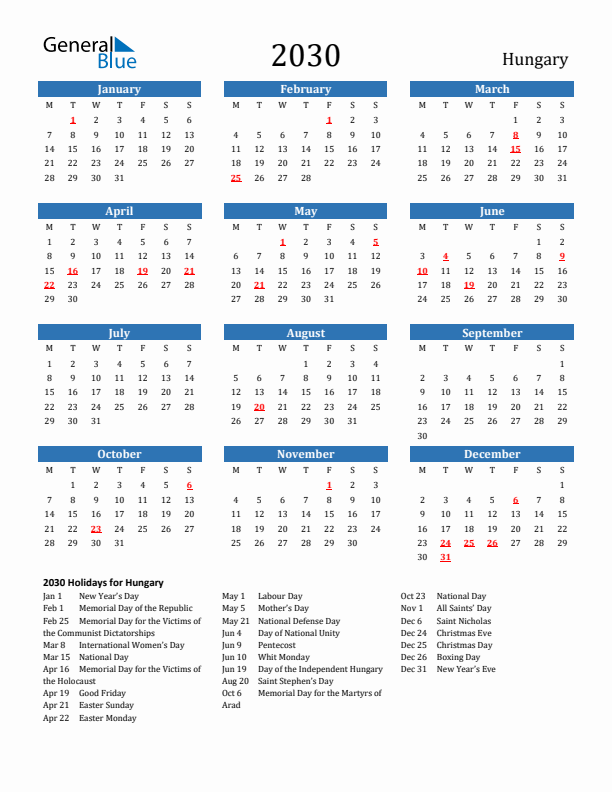 Hungary 2030 Calendar with Holidays