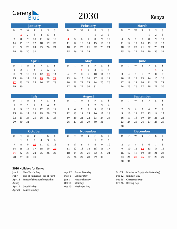 Kenya 2030 Calendar with Holidays