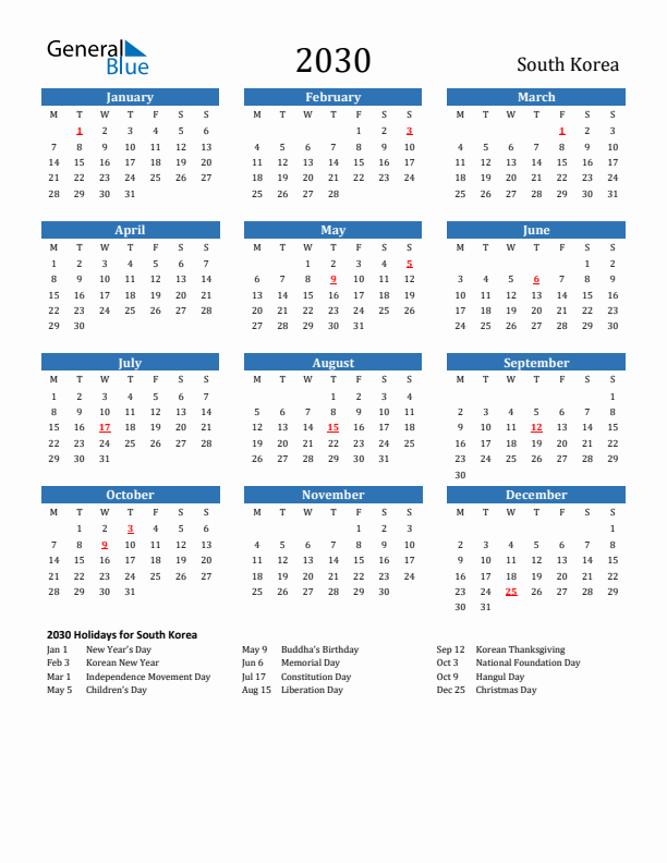 South Korea 2030 Calendar with Holidays