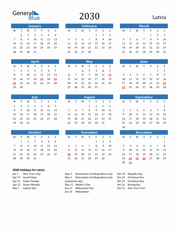 Latvia 2030 Calendar with Holidays