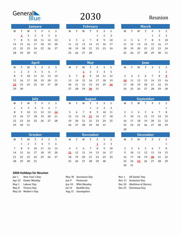 Reunion 2030 Calendar with Holidays