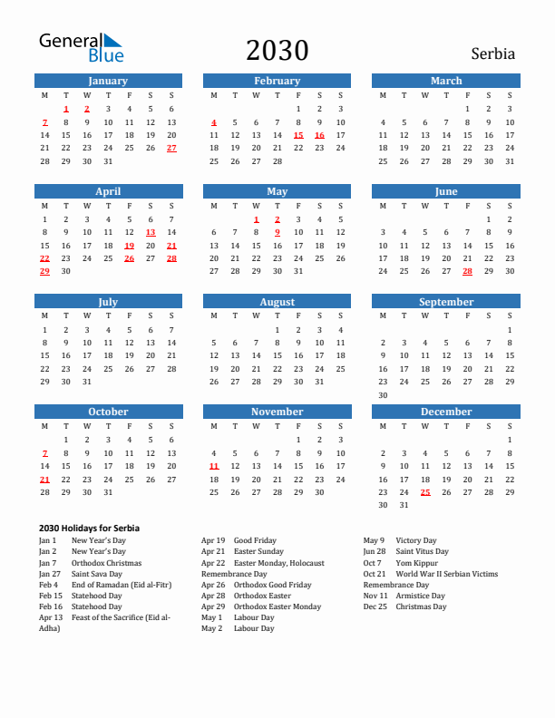 Serbia 2030 Calendar with Holidays