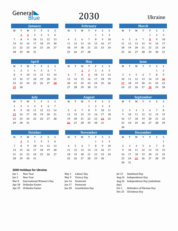 Ukraine 2030 Calendar with Holidays