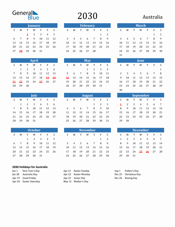 Australia 2030 Calendar with Holidays